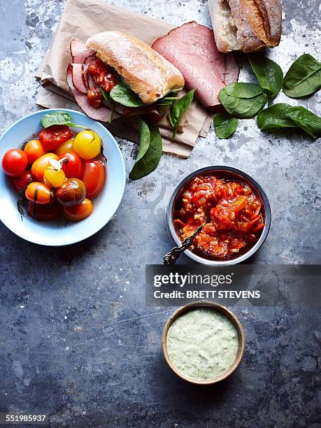 still life of ham and bread with tomato chilli jam - チャツネ ストックフォトと画像