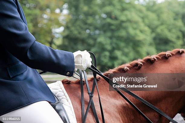 horse and rider in dressage event - dressage stockfoto's en -beelden