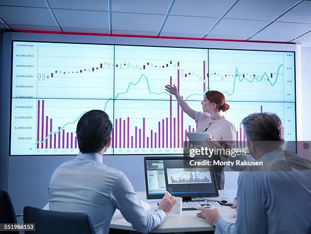 businesswoman making presentation to colleagues in front of graphs on screen - facts stock-fotos und bilder