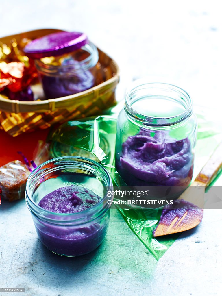 Still life with jars of Filipino ube halaya (pasalubong)