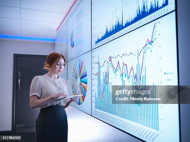 businesswoman studying graphs on screen with digital tablet - analytics statistics stock pictures, royalty-free photos & images