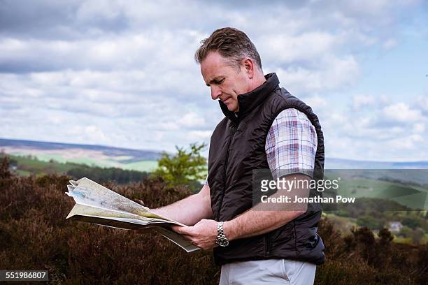 male hiker reading map on heather moors, pateley bridge, nidderdale, yorkshire dales - waistcoat stock pictures, royalty-free photos & images
