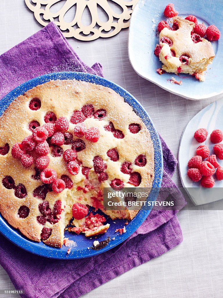 Still life of Czech bublanina cake with raspberries