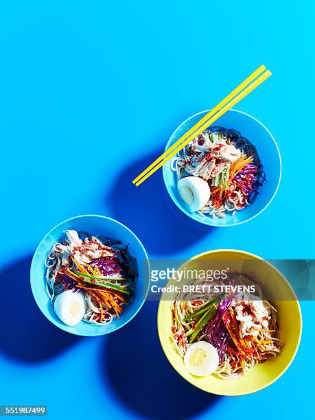 still life with three bowls of buckwheat spicy cold noodles - blue bowl fotografías e imágenes de stock