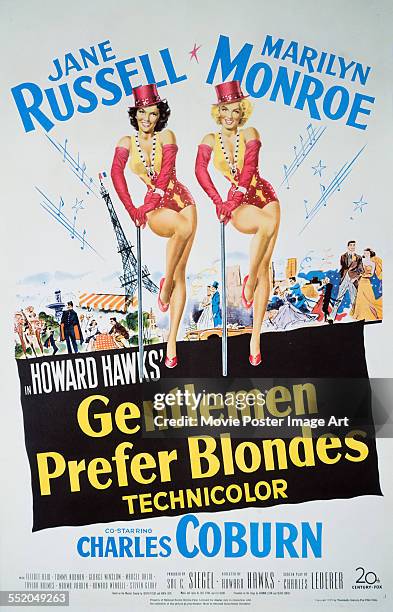 Poster for Howard Hawks' 1953 comedy 'Gentlemen Prefer Blondes' starring Jane Russell and Marilyn Monroe.