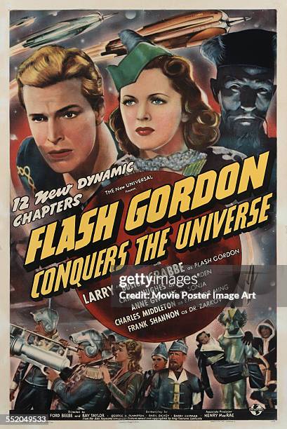 Poster for Ford Beebe and Ray Taylor's 1940 action film 'Flash Gordon Conquers the Universe' starring Buster Crabbe, Carol Hughes, and Charles...