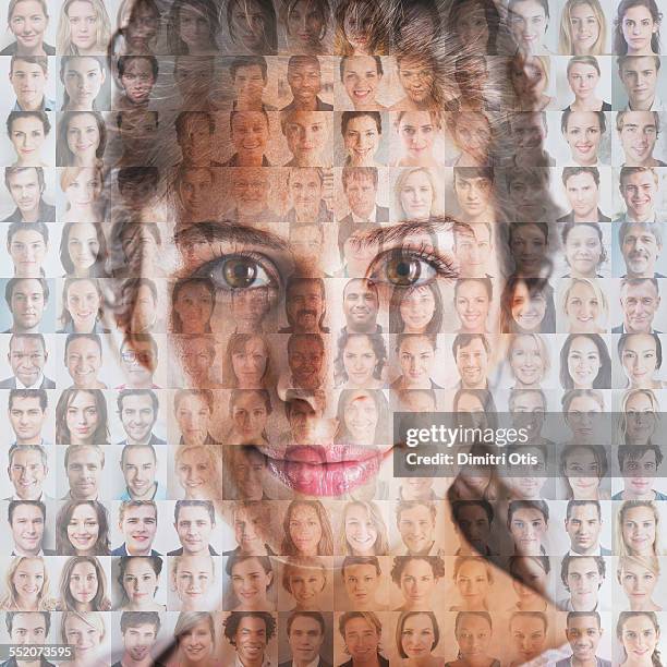 woman's face superimposed over mosaic of faces - people mosaic human face stock pictures, royalty-free photos & images