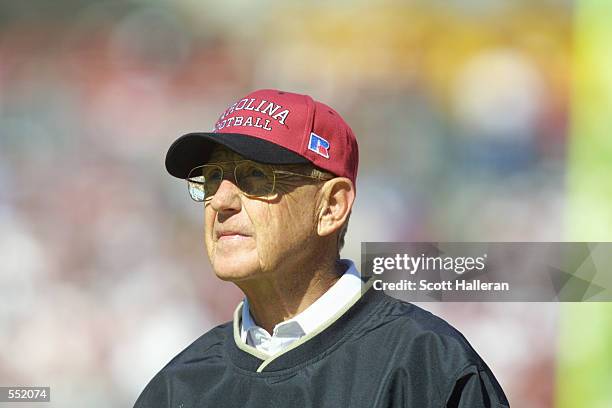 South Carolina coach Lou Holtz walks the sideline against Ohio State in the Outback Bowl at Raymond James Stadium in Tampa, Florida. USC won 31-28....