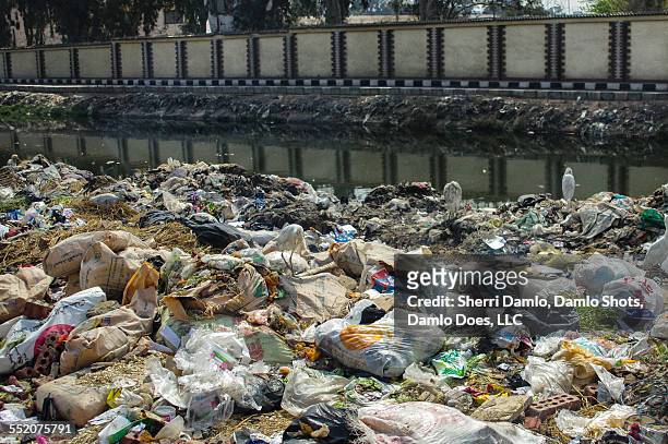 trash in an egyptian water canal - damlo does stock-fotos und bilder