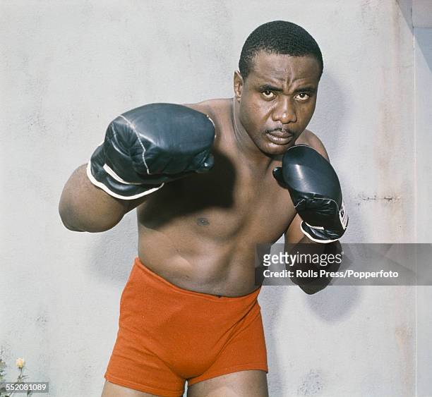American heavyweight boxer Sonny Liston pictured in sparring pose circa 1965.