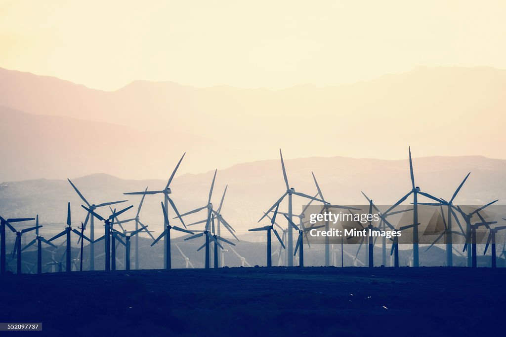 Wind power turbines in the landscape. A large number of turbine powers on a plain against a mountain backdrop.