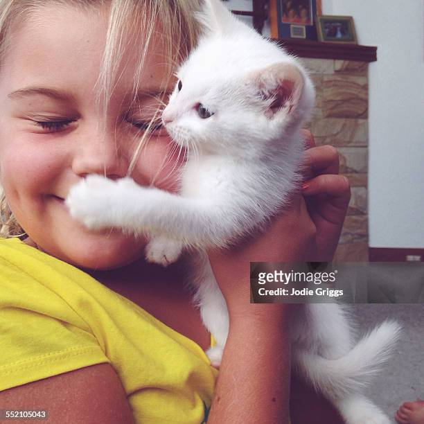 young girl holding small kitten against face - kitten stock pictures, royalty-free photos & images