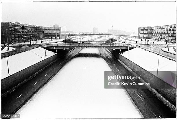 Motorway on a snowy day in Hulme, Manchester, 6th January 1979.
