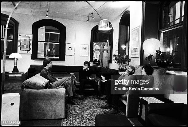 English post-punk band Joy Division in an art and furniture shop, Manchester, 6th January 1979. Left to right: singer Ian Curtis , guitarist Bernard...