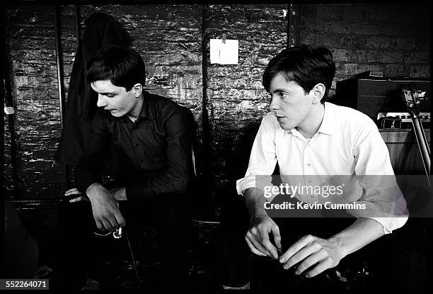 Singer Ian Curtis and guitarist Bernard Sumner of English post punk band, Joy Division, at TJ Davidson's rehearsal room, Little Peter Street,...