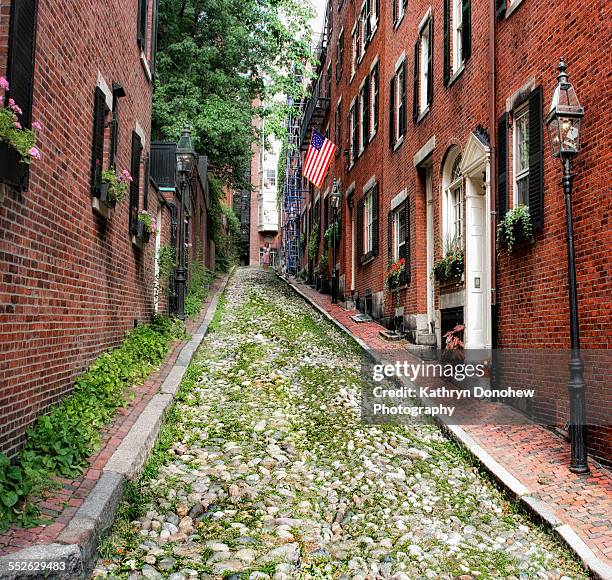 american flags on homes - acorn street boston stock pictures, royalty-free photos & images