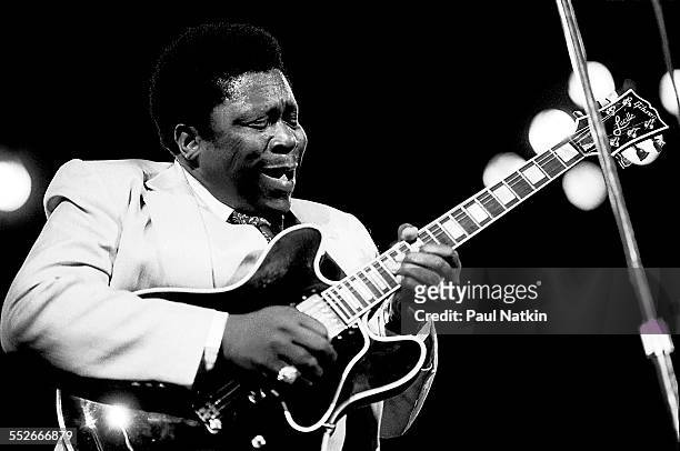 American Blues musician BB King plays guitar as he performs onstage at the Rosemont Horizon, Rosemont, Illinois, June 21, 1980.