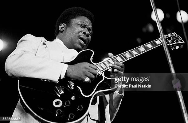 American Blues musician BB King plays guitar as he performs onstage at the Rosemont Horizon, Rosemont, Illinois, June 21, 1980.