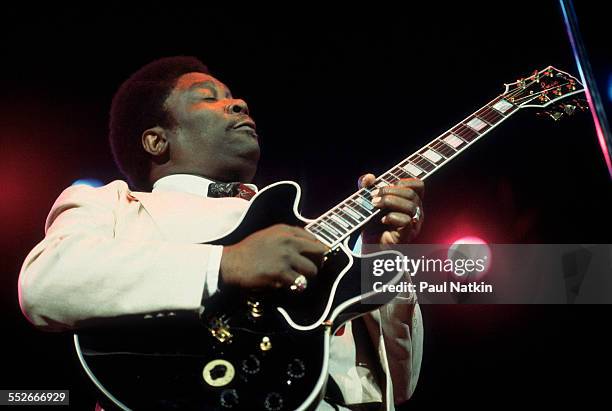 American Blues musician BB King plays guitar as he performs onstage at the Rosemont Horizon, Rosemont, Illinois, June 21, 1980.