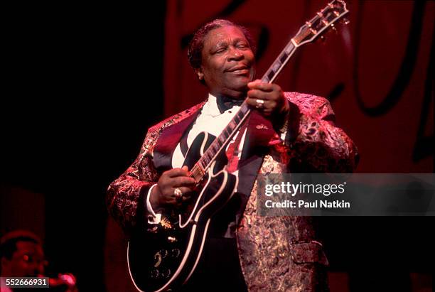 American Blues musician BB King plays guitar as he performs onstage at the Chicago Theater, Chicago, Illinois, October 19, 1991.