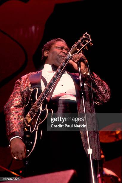 American Blues musician BB King plays guitar as he performs onstage at the Chicago Theater, Chicago, Illinois, October 19, 1991.