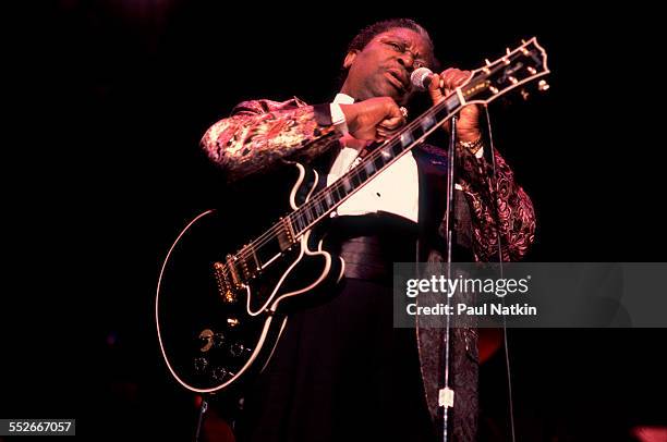 American Blues musician BB King plays guitar as he performs onstage at the Chicago Theater, Chicago, Illinois, October 19, 1991.