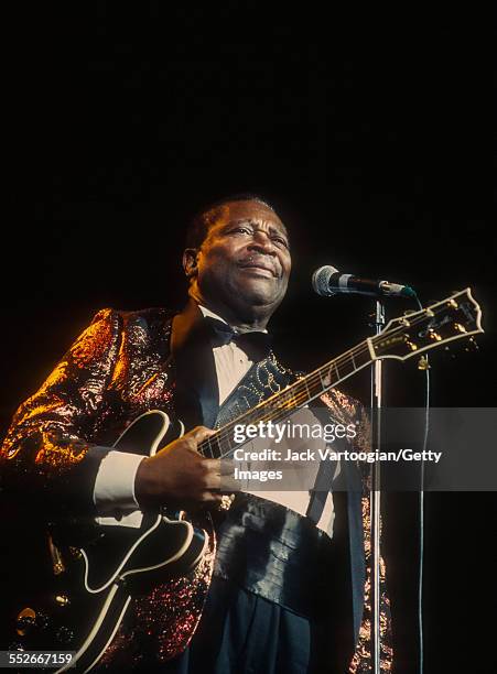 American Blues musician BB King plays guitar as he headlines the Heineken Blues Festival at Madison Square Garden's Paramount Theater, New York, New...