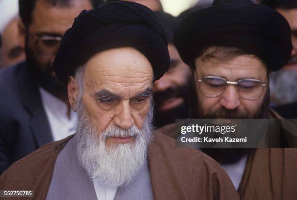 Ayatollah Ruhollah Khomeini the leader and founder of Islamic Republic of Iran, looking frail votes for parliament election, in his residence...