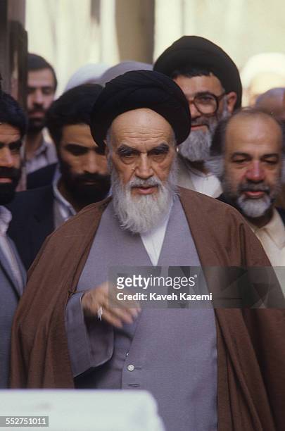 Ayatollah Ruhollah Khomeini the leader and founder of Islamic Republic of Iran, looking frail votes for parliament election, in his residence...