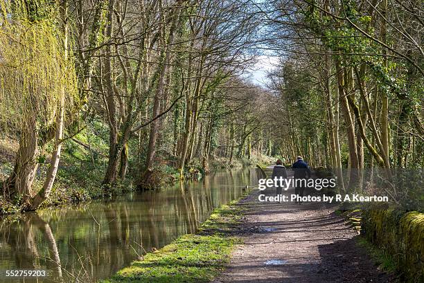 couple walking on the peak forest canal, romiley - north england stock pictures, royalty-free photos & images