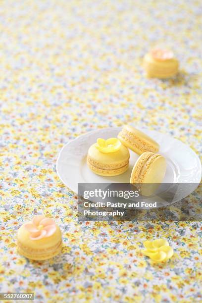 yellow macarons - biscuit france stock pictures, royalty-free photos & images