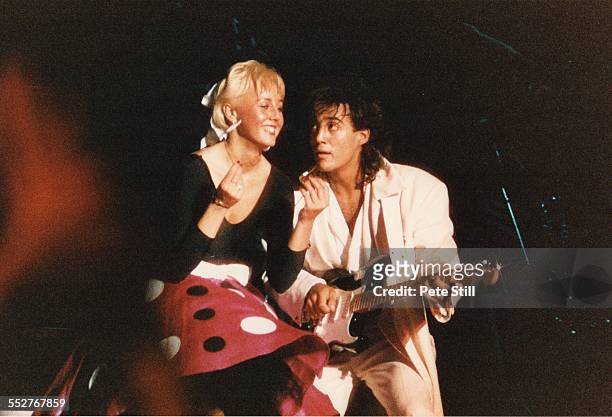 Shirlie Holliman of pop duo Pepsi and Shirlie performs on stage with Andrew Ridgeley of Wham!, at the National Exhibition Centre, on February 27th,...