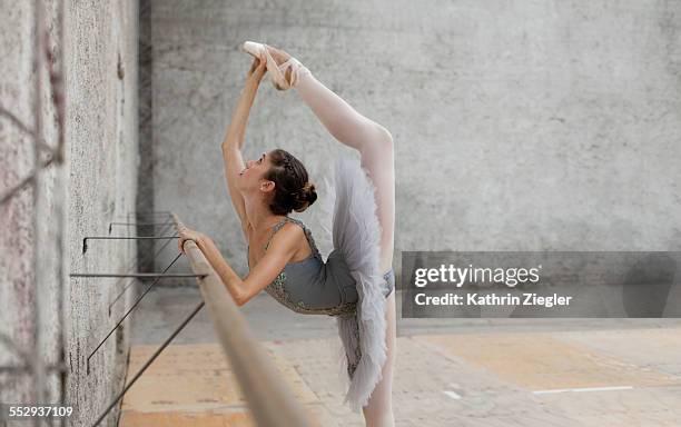beautiful ballerina practicing at the barre - bailarina fotografías e imágenes de stock