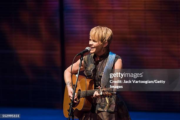 American folk musician Shawn Colvin plays guitar as she performs at Zankel Hall at Carnegie Hall, New York, New York, April 11, 2015.