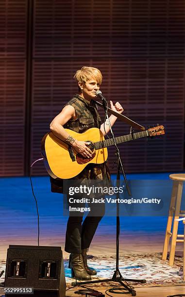 American folk musician Shawn Colvin plays guitar as she performs at Zankel Hall at Carnegie Hall, New York, New York, April 11, 2015.