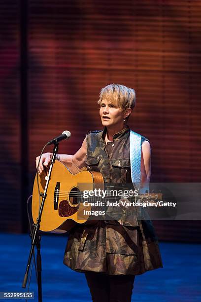 American folk musician Shawn Colvin plays guitar as she performs at Zankel Hall at Carnegie Hall, New York, New York, April 11, 2015.