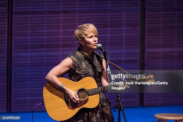 American folk musician Shawn Colvin plays guitar as she performs at Zankel Hall at Carnegie Hall, New York, New York, April 11, 2015.