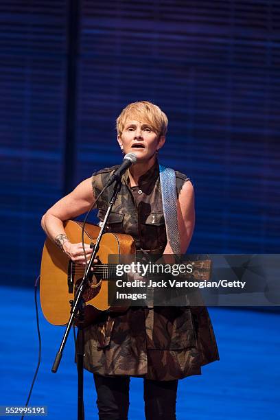 American folk musician Shawn Colvin plays guitar as she performs at Zankel Hall at Carnegie Hall, New York, New York, April 11, 2015.