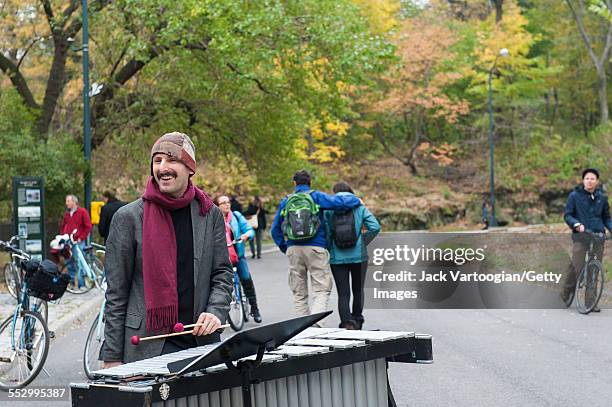 American Jazz musician Chris Dingman plays vibraphoneleads during the Jazz and Colors Festival in the Northwest corner of Central Park, New York, New...