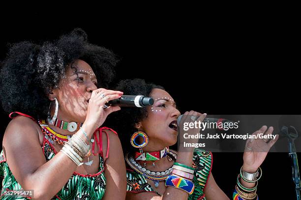 French group Les Nubians perform at Central Park SummerStage, New York, New York, July 5, 2009. Pictured are sisters Helene and Celia Faussart.