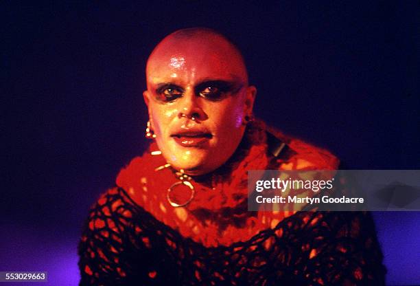 English singer and dancer Keith Flint performing on stage with electronic music group the Prodigy, United Kingdom, 1997.