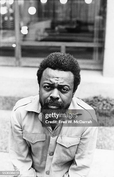 Portrait of American poet and playwright Amiri Baraka as he poses at the New School, New York, New York, July 1, 1977.