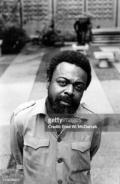 Portrait of American poet and playwright Amiri Baraka as he poses at the New School, New York, New York, July 1, 1977.