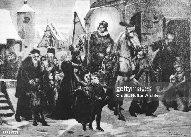Saint Nicholas or Sinterklaas rides through the streets in a red bishop's robe and mitre, distributing gifts to well-behaved children, circa 1600....