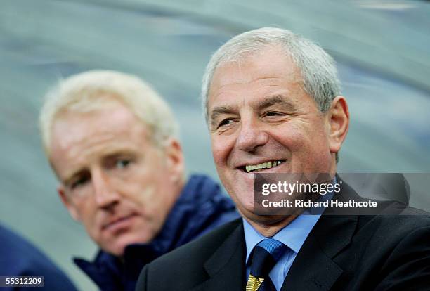 Walter Smith the Scotland manager shares a joke with assistant Tommy Burns during the group 5 World Cup 2006 Qualifier between Norway and Scotland...