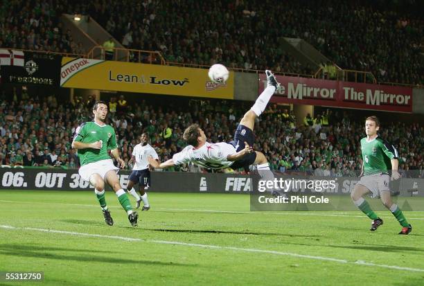 Michael Owen of England hits an overhead kick which was saved against Northern Ireland during a World Cup Qualifier Group six match at Windsor Park...