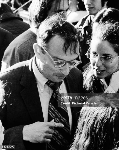 American lawyer, civil rights activist, and politician Allard Lowenstein talks to supporters outside, 1970s. Lowenstein helped lead the 'Dump...