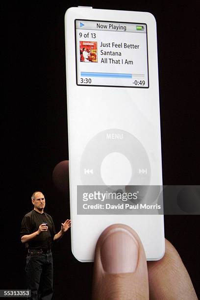 The new iPod nano is shown as Apple CEO Steve Jobs introduces the new iPod cell phone, made by Motorola, and the new iPod nano, which is thinner than...
