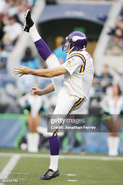 Darren Bennett of the Minnesota Vikings punts during the preseason game against the Seattle Seahawks on September 2, 2005 at Qwest Field in Seattle,...