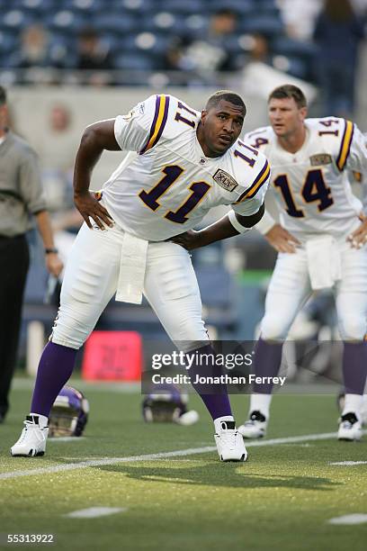 Quarterback Daunte Culpepper of the Minnesota Vikings stretches prior to the preseason game against the Seattle Seahawks on September 2, 2005 at...